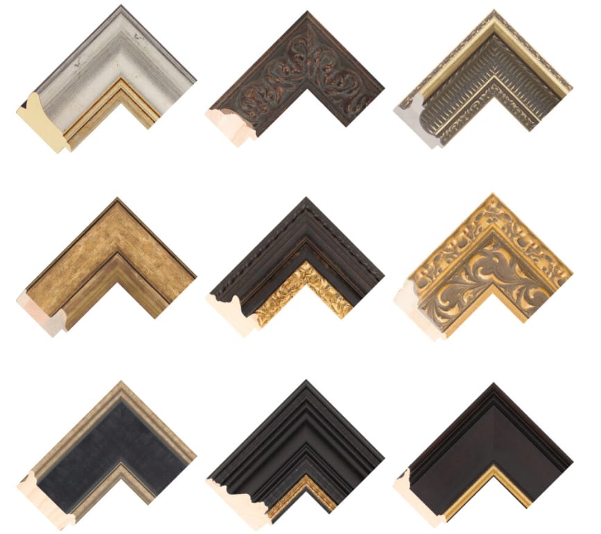 Nine picture-frame corner samples — silver, gilt, carved gold, black and dark stained mouldings — laid out in a grid